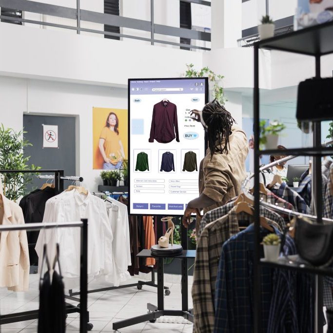 African american man looks at clothes online on touch screen monitor in fashion boutique at mall, self service board. Male customer looking for trendy clothes and items on retail kiosk display.